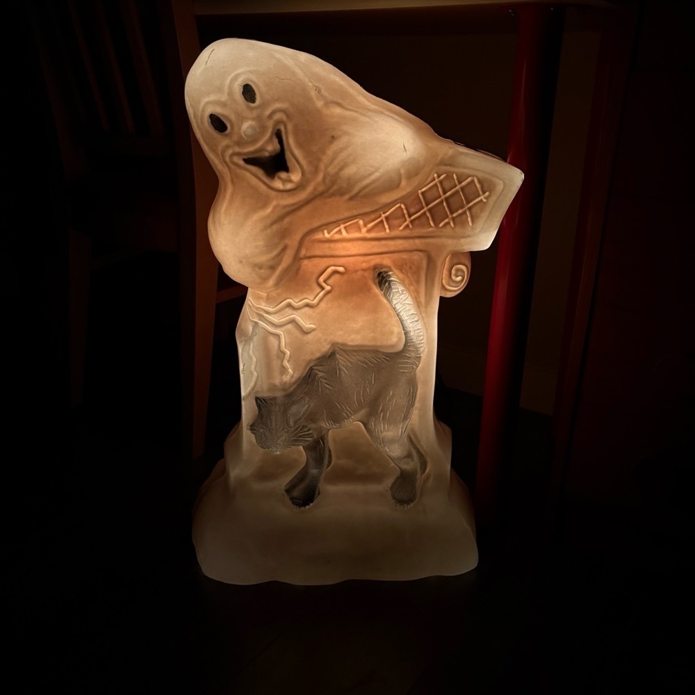 Vintage Blow Mold Halloween Ghost & Cat tombstone creepy spooky